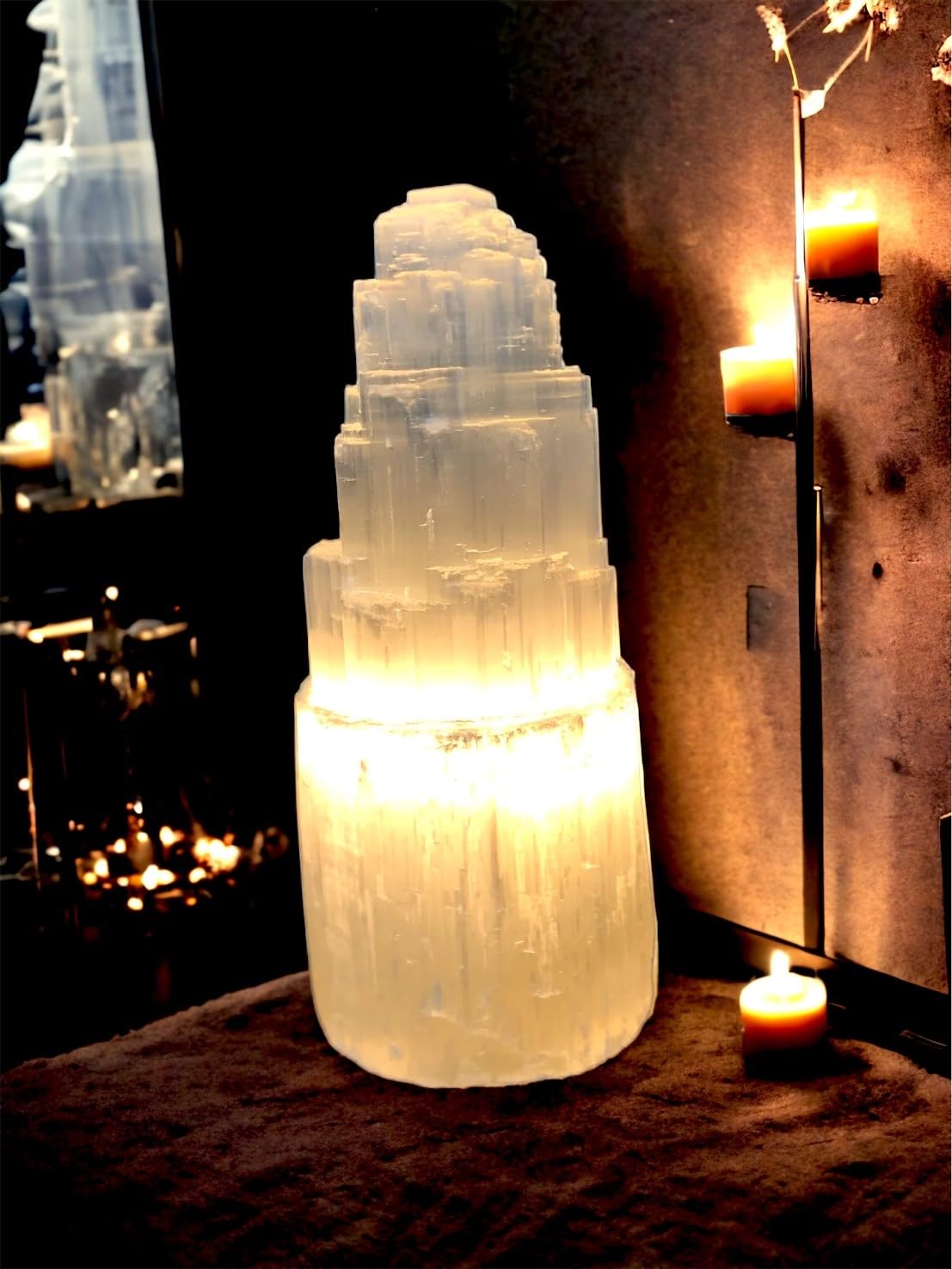 vingardium leviosa Pure Selenite Crystal Natural Light Mountain Tower Lamp Handmade Natural Energy Healing Clarity and Meditation Lamp Home Decoration TableLamp Mineral Christmas Occasion Gift (25cm)