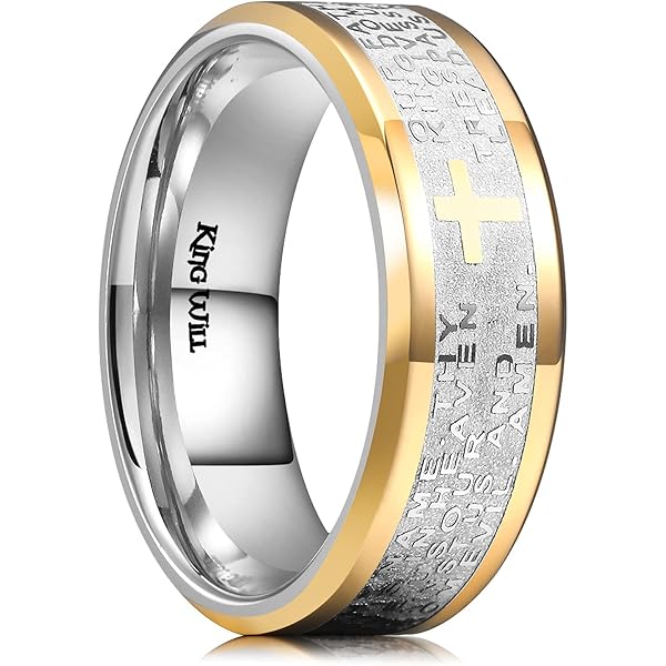 Two-Tone Stainless Steel Men's Ring With Lord's Prayer & Cross - Spinning Fidget Ring Sizes 7-13 (8mm Width) - View #3