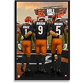 Sporticulture NFL American Football Framed Wall Art - Cincinnati Bengals - Jamaar Chase - Joe Burrow - Tee Higgins - Picture Poster for Boys Bedroom and Man Cave, Ready to Hang, 14" x 20"