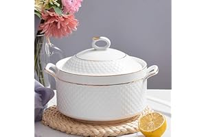 White Soup Tureen with Gold Design,Double Handle Soup Serving Bowl with Lid and Spoon Bone China Tableware,3.2L