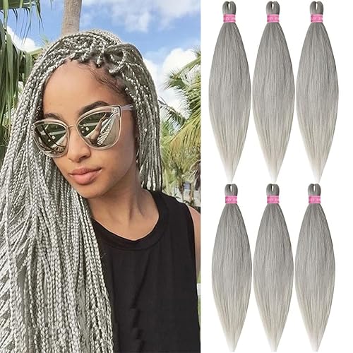 Pre Stretched Braiding Hair Extension Synthetic Soft Prestretched Braids Hair for Women (Silver,20 Inch)