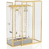 Glass Necklace Organizer Holder, Jewelry Organizer Necklace Holder with Hanging Hooks, Glass Necklaces Display Case for Storage Rings Earrings