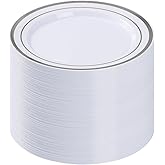 BESTVIP 100PCS Silver Plastic Plates, 10.25 Inch Disposable Dinner Plate Party with Silver Rim for Christmas, Thanksgiving, Heavy Duty Disposable Plastic Plates for Party, Wedding and Birthday, Events