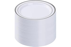 BESTVIP 100PCS Silver Plastic Plates, 10.25 Inch Disposable Dinner Plate Party with Silver Rim for Christmas, Thanksgiving, Heavy Duty Disposable Plastic Plates for Party, Wedding and Birthday, Events