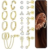 Florideco Small Stud Hoop Earrings for Women Hypoallergenic 14K Gold Plated Surgical Stainless Steel Flat Back Earrings Dainty Hoop Stud Earring Stacks Cartilage Earring Set for Multiple Piercing
