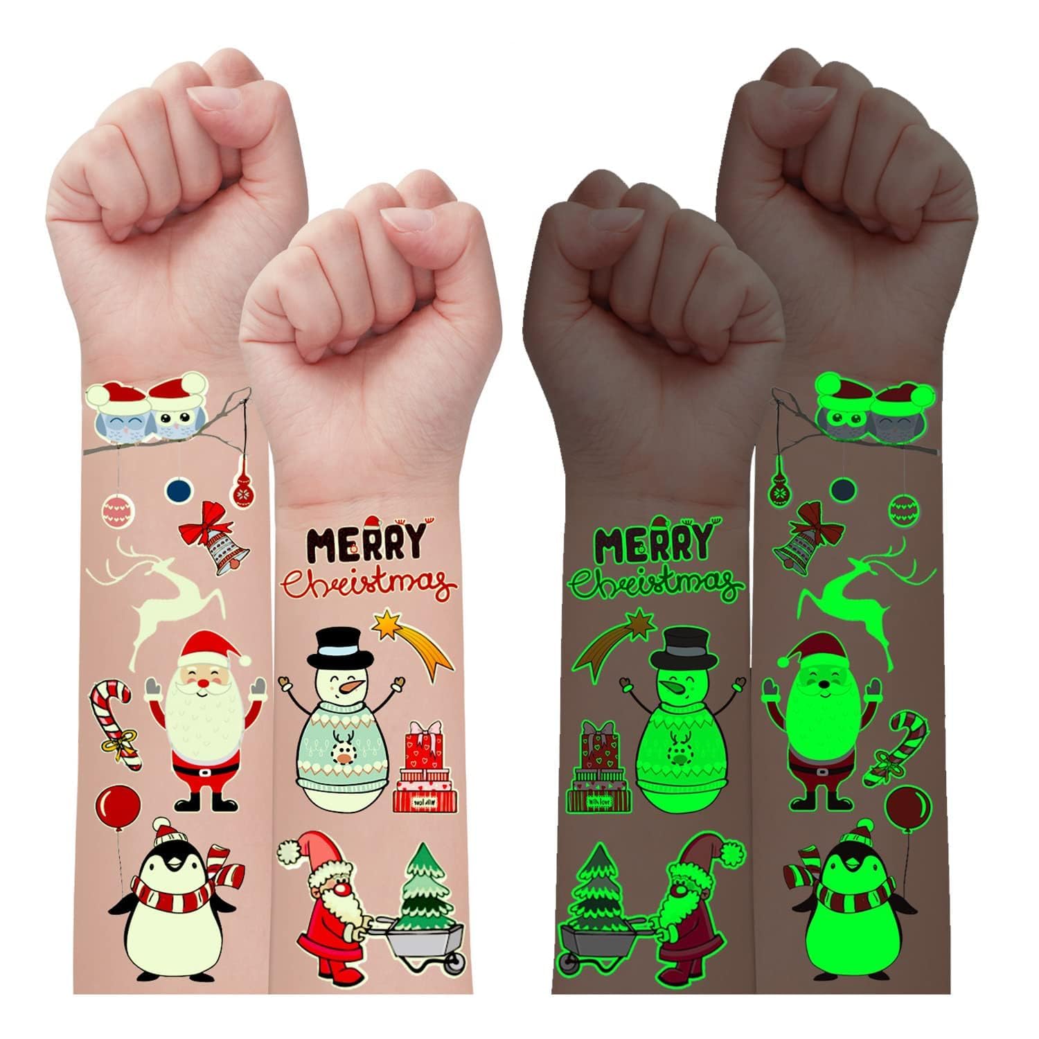 Leesgel Christmas Tattoos for Kids, 24 Sheets Glow Christmas Stickers for Kids Christmas Decorations, Xmas Ornaments Eve Box Stocking Fillers Toys Crafts for Party Games Supplies Favours