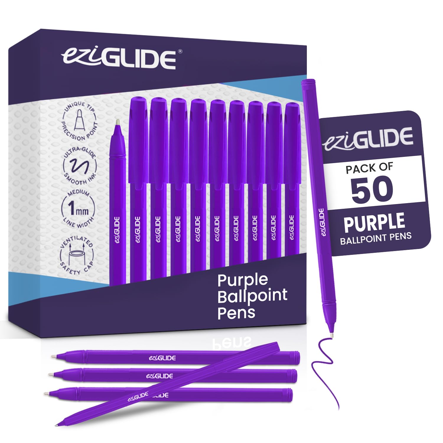 Eziglide 50-Pack Ballpoint Pen Set, Purple – Medium Point Nib (1.0mm) for Fine Ballpoint Precision & Easy Grip – Bulk Pens, Ideal for Home, Office, Work, Exams & School Supplies