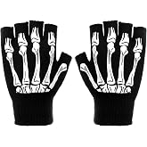APLZGMG Skeleton Gloves For Women Men, Fingerless Skull Gloves, Halloween Costume Cosplay Accessories, Knitted Winter Mittens Black with Non-slip Design