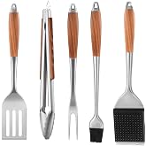 Grill Utensils Set with Rosewood Handle, BBQ Accessories Tools Set of 5 | Grilling Tongs, Spatula, Fork, Oil Brush, Cleaning Brush - Grilling Tools Set for Outdoor