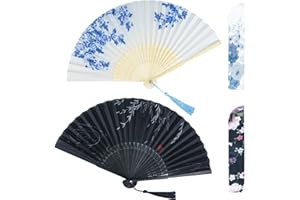AWESEA 2 Pcs Hand Fans for Women Foldable, Paper Fans Handheld, Chinese Fan & Japanese Fan for Party, Bamboo Silk Folding Hand Fan for Wedding & Home Decoration