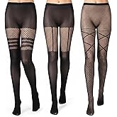 Quilax 3 Pack Fishnet Stockings for Women, Sheer Black Funky Tights for Women, Thigh High Stockings, Stretchy Fishnets for Valentine Costume