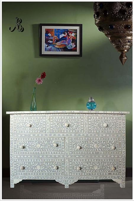 Ace Craftique Wooden Handmade Bone Inlay Grey Sideboard Chest of Drawer for Living Room | 7 Drawers and Storage
