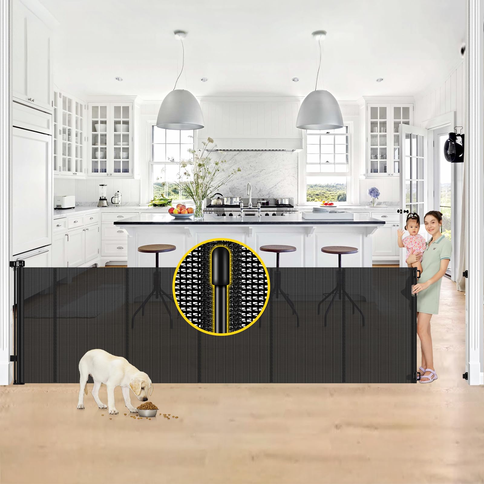 Photo 1 of **RETRACTS TO A CERTAIN DISTANCE THEN LOCKS UP*** Reinforced 42” Tall x 130” Extra Wide Retractable Baby Gates Extra Tall Pet Gate for Wide Openings Long Dog gate with Rods to Prevent Crawling Through, Dog Gates for Doorways Indoor Outdoor, Black