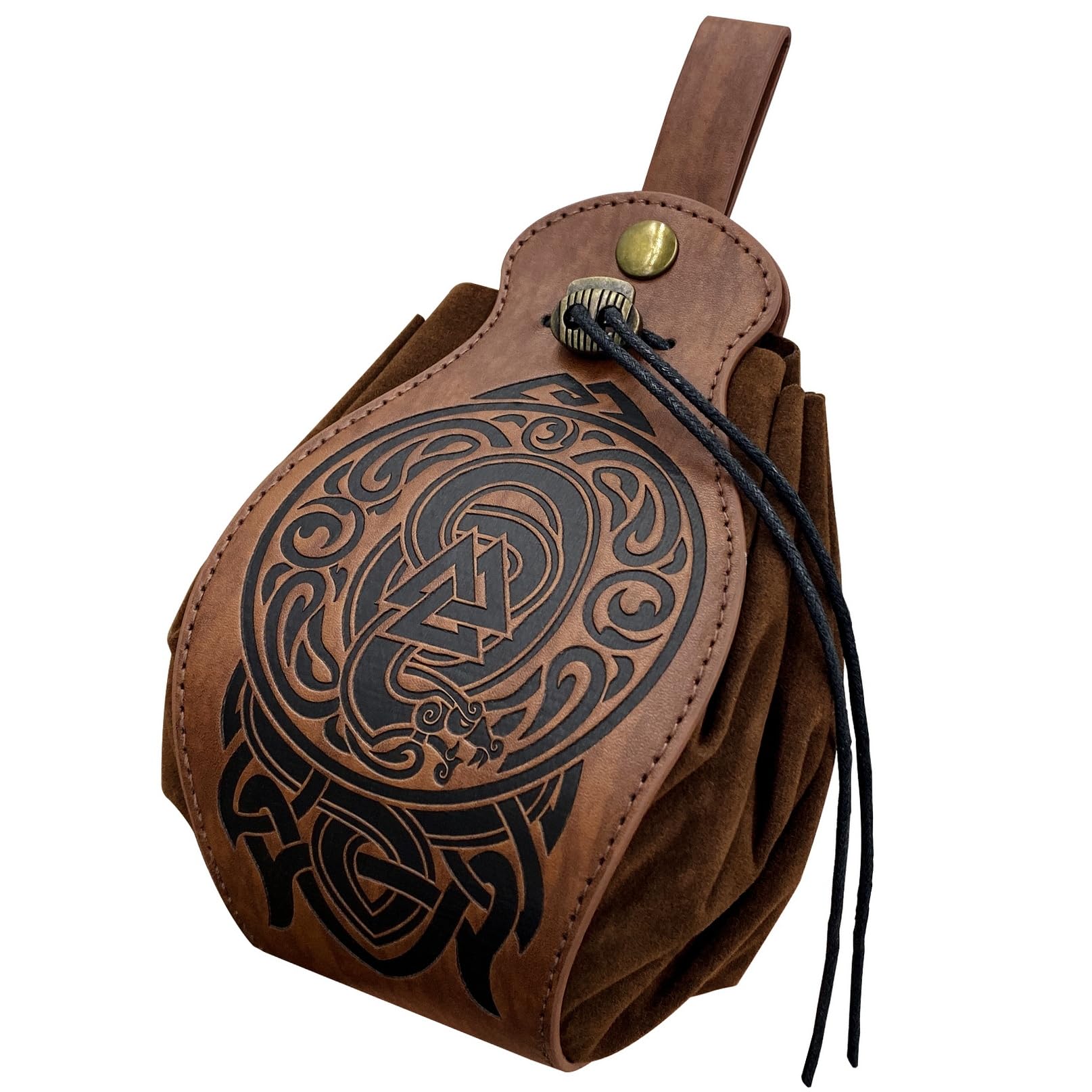 Medieval Belt Pouch, Viking Faux Leather Coin Pouch Brown Portable Drawstring Dice Bag Renaissance LARP Waist Bag for Archery Cospaly (Odin's Totem)