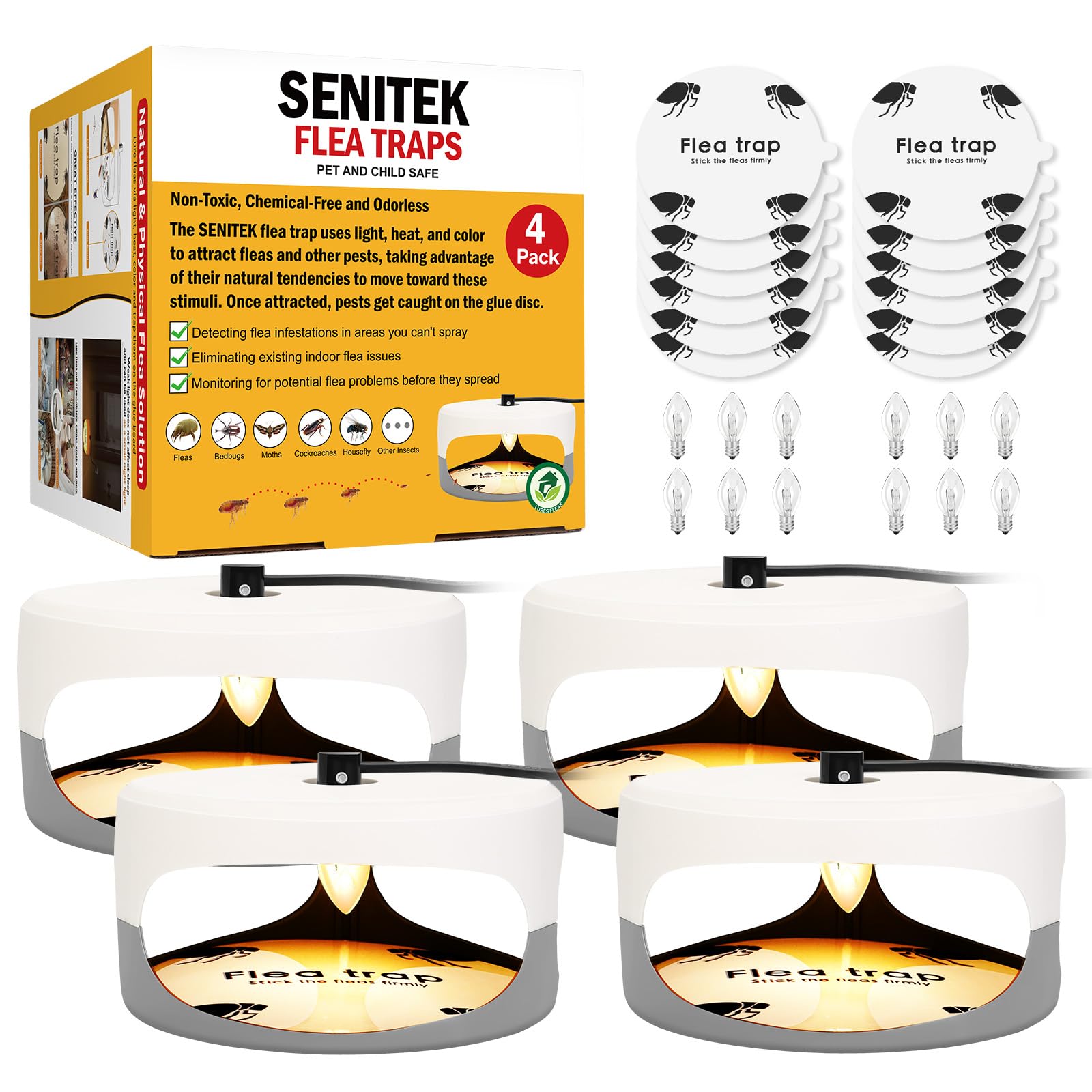 Photo 1 of Flea Trap, 4 Pack Flea Traps for Inside Your Home, Indoor Bed Bug Killer Light with Sticky Pads & Light Bulb Replacement, Odorless Natural Insect Infestation Treatment Trap Lamp for Kid Pet