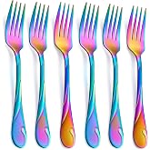 Seeshine Rainbow Dinner Fork Set, 7.8-inch Stainless Steel Flatware Forks, Shiny Rainbow Metal Table Forks Silverware, Set of 6
