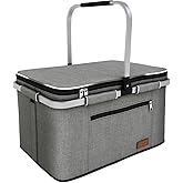 LIQING 35L Large Picnic Basket 2 Layers of Internal Pockets Leak-Proof and Insulated ,Folding with Internal Support for enhansed Stability, Wedding Gifts for Couple(Grey)