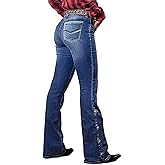 Flamingals Women's Buttoned Hem Bootcut Jeans Without Belt Mid Waist Casual Pants Navy Blue