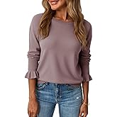 Saodimallsu Womens Fall Crew Neck Sweaters Ruffle Long Sleeve Lightweight Soft Knit Casual Pullover Top