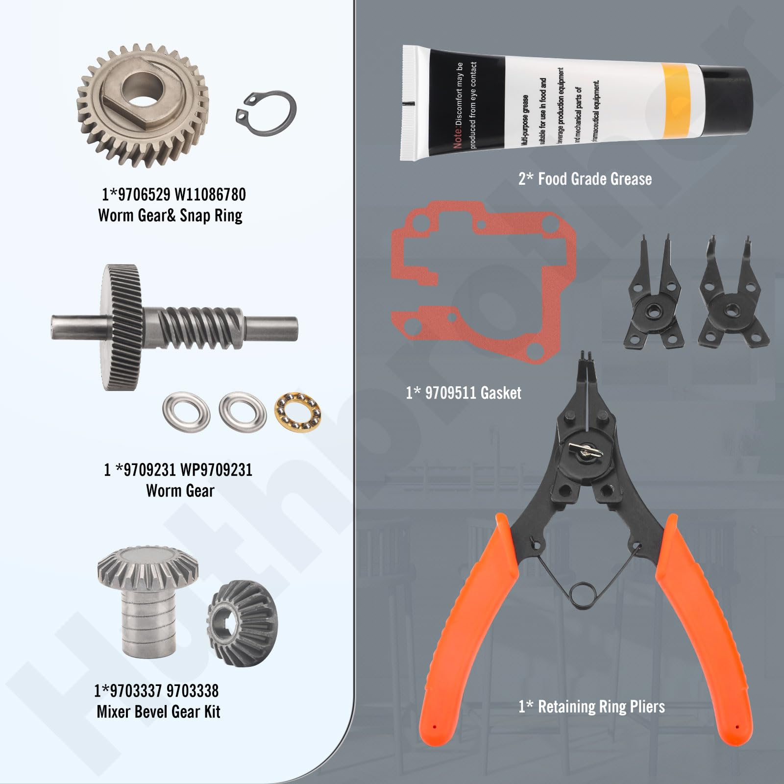 HuthBrother Worm Gear Kit Compatible With Whirlpool 5QT&6QT 9709231 Replacement Gear Parts with 9703445 Bearing & Gear 9706529 with the 9709511 Gasket and 9703680 Circlip & 1.8 OZ Food Grade Grease