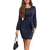Dressystar Women's Long Sleeve Crewneck Ribbed Knit Sweater Dress Casual Elegant Midi with Tie Waist Belt for Fall/Winter