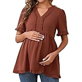 MARI GABRIEL Women Maternity Blouses Boho Ruffled V Neck Short Sleeve Shirts Flowy Loose Casual Tops Clothing 2025