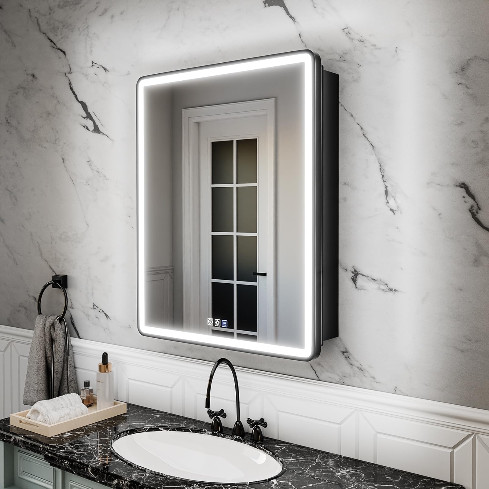 Photo 1 of ComfyStyle 24x30 Lighted Medicine Cabinet with Mirror, Sand Black Frame,3 Colors Temper dimmable,led Medicine Cabinet with Mirror defog,stepless dimming,Surface or Recessed Mount,Door Left Open