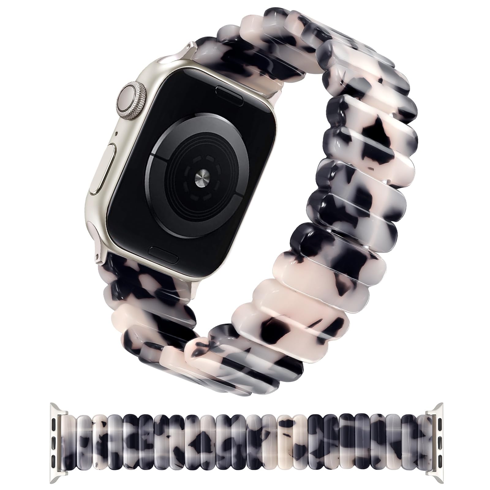 Photo 1 of V-MORO Resin Stretchy Band Compatible with Apple Watch Series 7/8/9/10 41mm/40mm/38mm/42mm Fashion Strap for iWatch 6/5/4/3/2/1/SE Lightweight Elastic Bracelet Wristband Women,Small-Ivory Tortoise