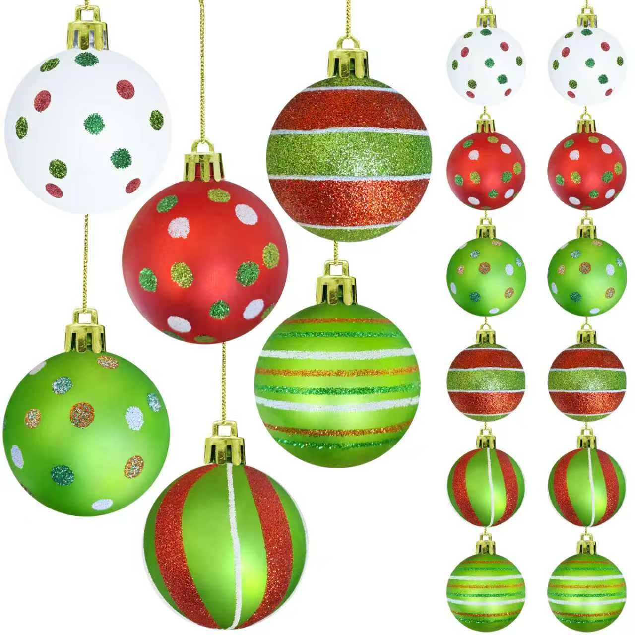 View 1 of 12pcs Christmas Ornaments 2.4 Inch Glittering Red Green Xmas Balls for Tree Decoration, Swirl Candy Cane Elf Design Baubles for Home Indoor Holiday Party Decor