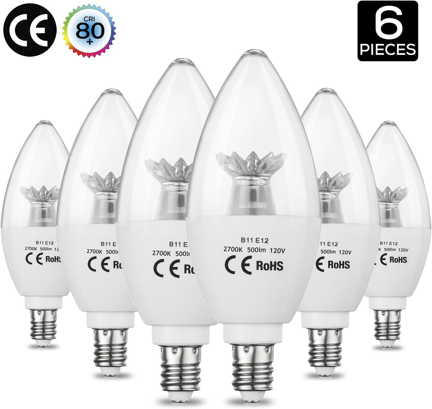 AED Lighting LED Candelabra Bulb, 50-Watt Light Bulbs Equivalent, LED 5Watt 2700K Chandelier Bulbs, Decorative Candle Light Bulb E12 Candelabra Base, 500lm, Torpedo Shape, 6 Pack