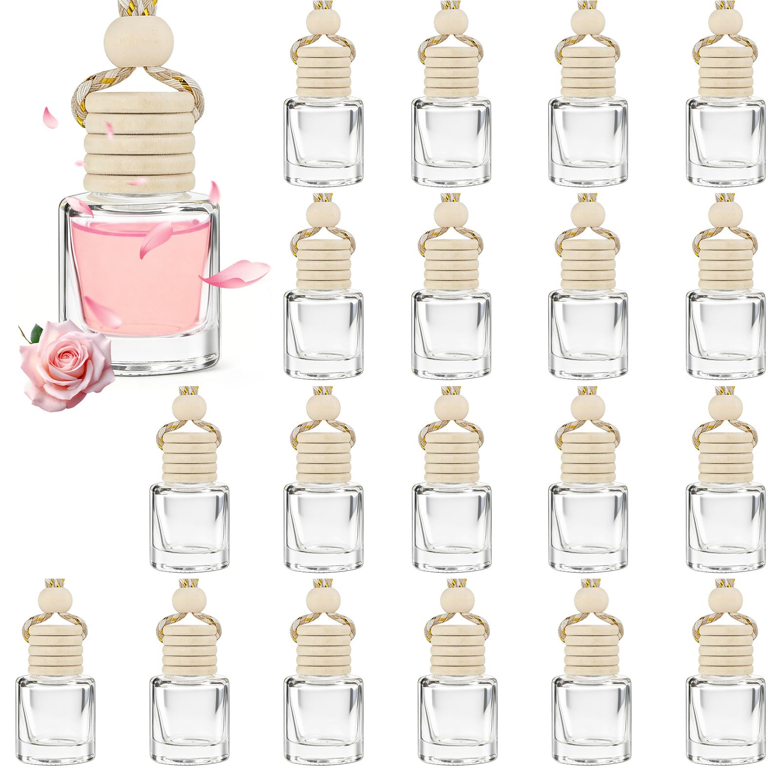 Photo 1 of 20 Pcs Car Diffuser Bottle Set with Wooden Caps,Dropper and Funnel, Empty Glass Car Air Freshener Bottle Bulk Hanging Essential Oil Fragrance Pendants for Car Decor?Can DIY Car Air Freshners Diffuser