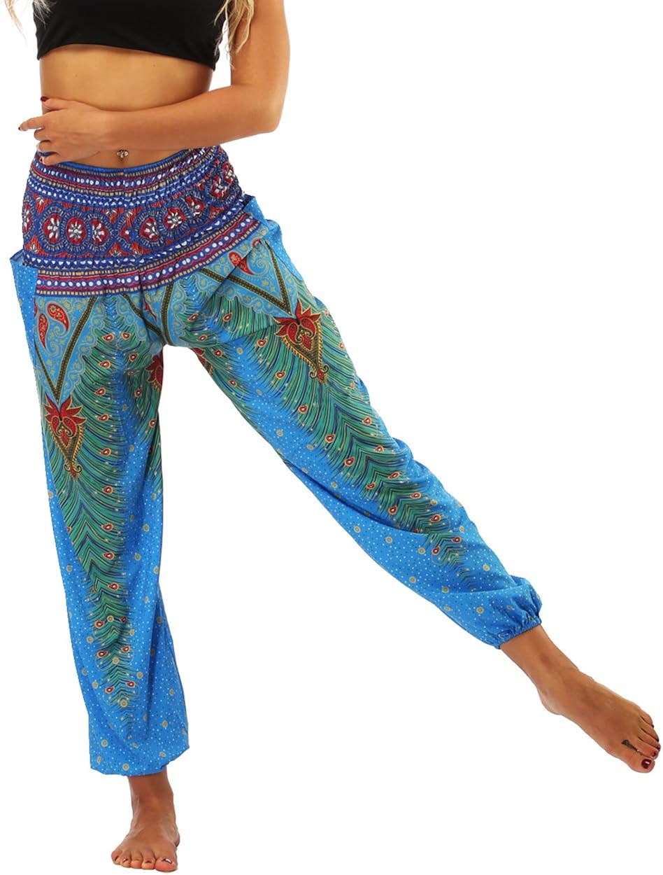 Nuofengkudu Baggy Aladdin Hippie Pants for Women Boho Patterned Smocked Waist High Waist Blue Peacock Print Cool Harem Pyjama Trousers Summer Clothes Yoga Beach Holiday(Size: One Size) - Image 4