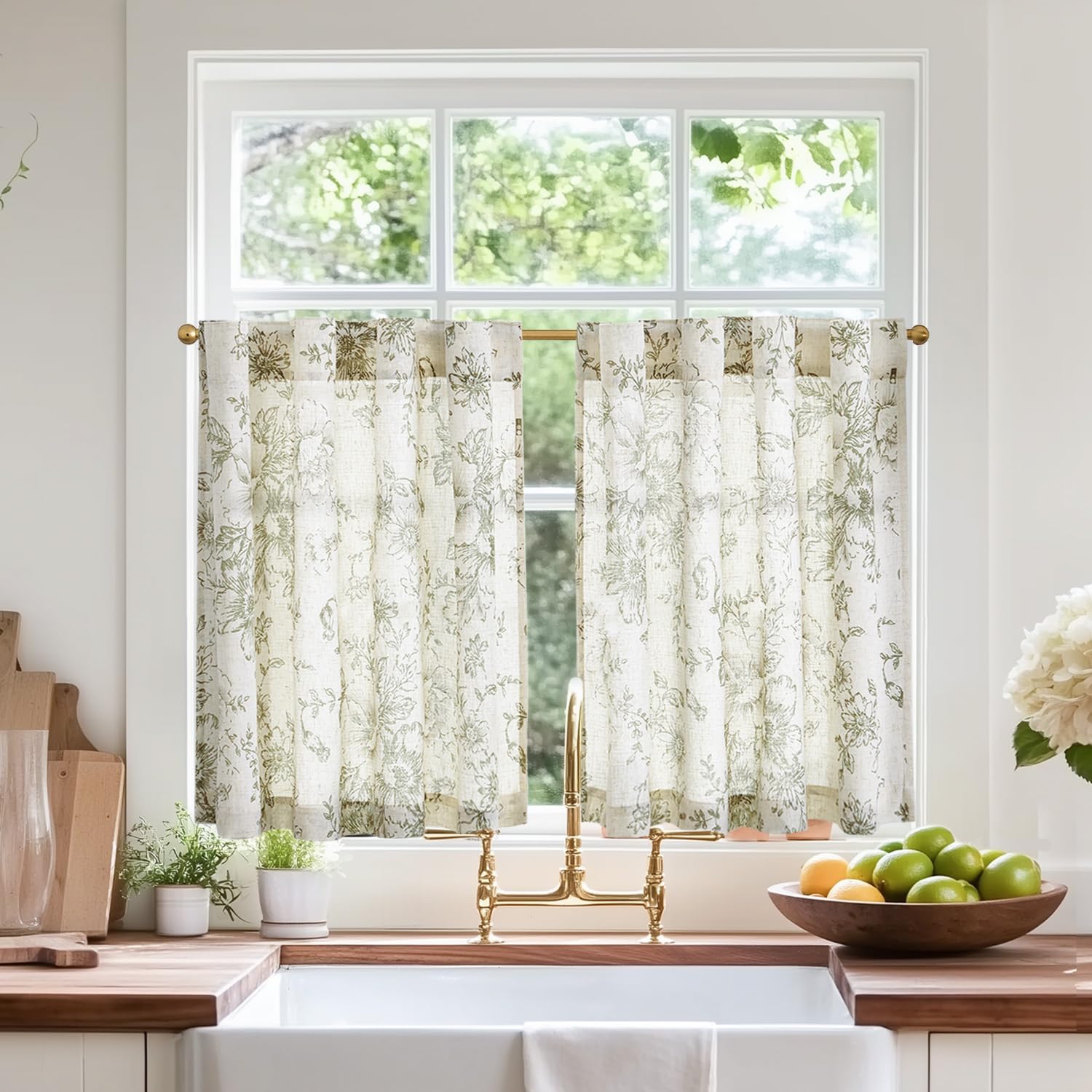 jinchan Linen Floral Tier Curtains 24 Inch Farmhouse Botanic Cafe ...