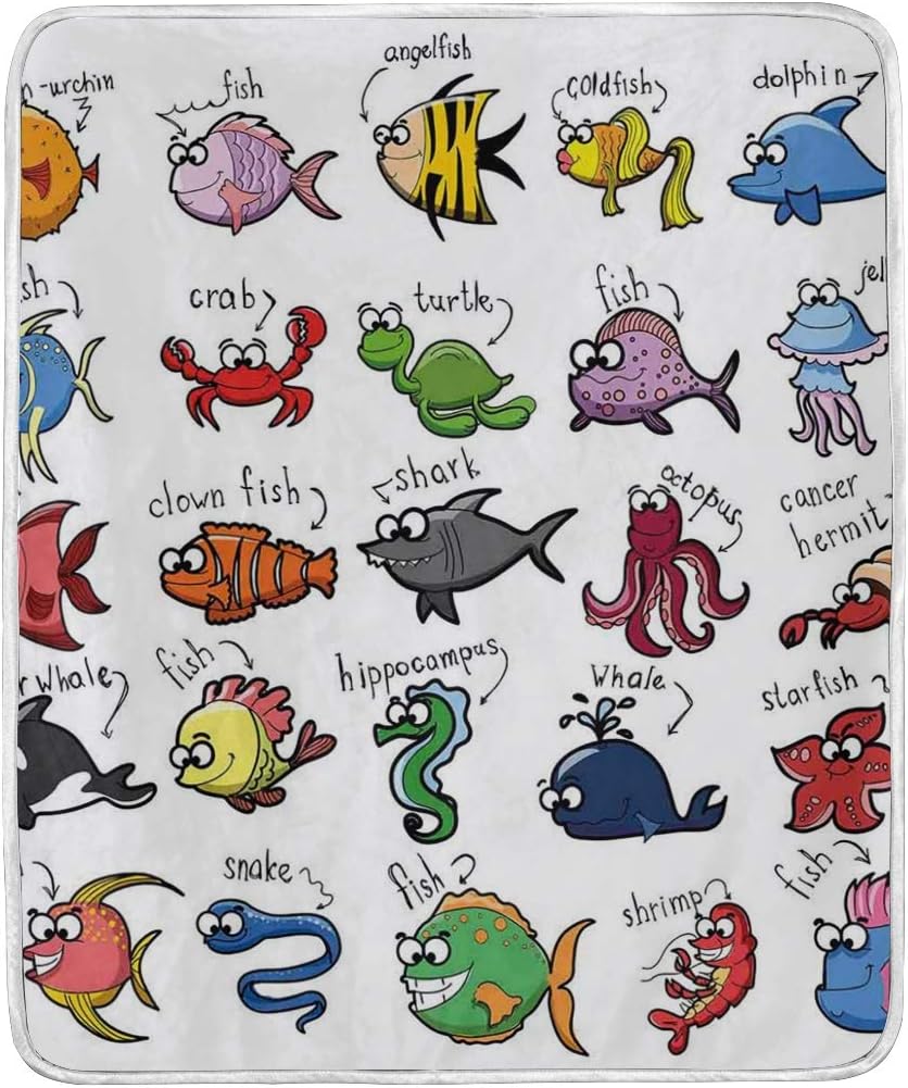 JOSENI Throw Blanket,Aquarium Cartoon Octopus Dolphin Shark Whale Clown Fish Jellyfish Hermit Crab Marine,Microfiber All Season Bed Couch,60" x 62"