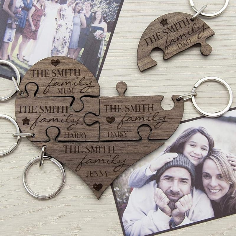 Personalised Our Family Heart Wooden Jigsaw Keyring