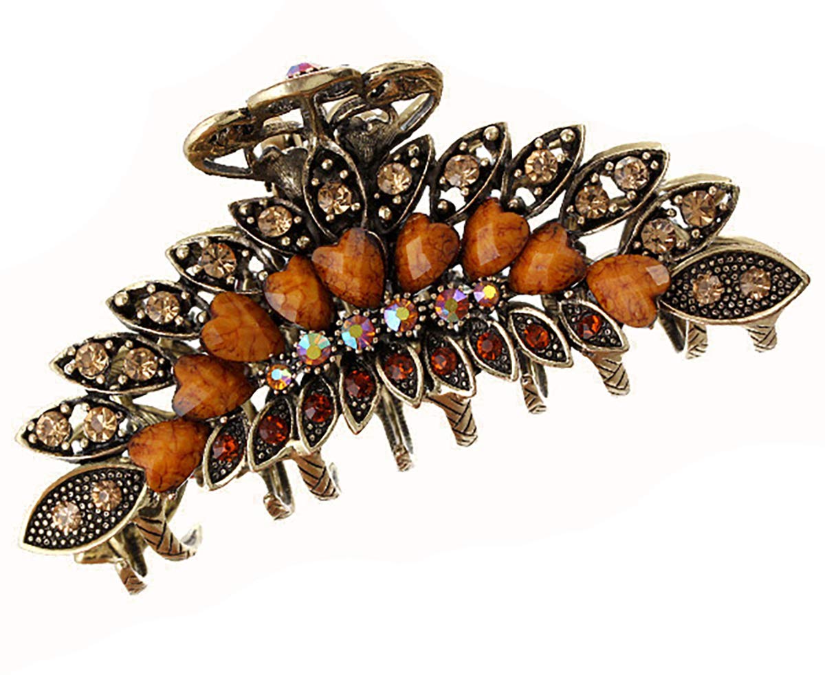 Fodattm Girls Women Lady Retro Flowers Hair Claw Clip Vintage Alloy Rhinestone Non-Slip Hair Jaw Clips Hairpin Large Hair Updo Grip Bath Accessories for Thick Hair Fancy Hair Clamp (Brown)