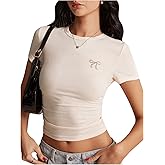 SOLY HUX Women's Crop Tops Y2K Short Sleeve Shirts Cute Bow Embroidery Tee Shirts Summer Tops