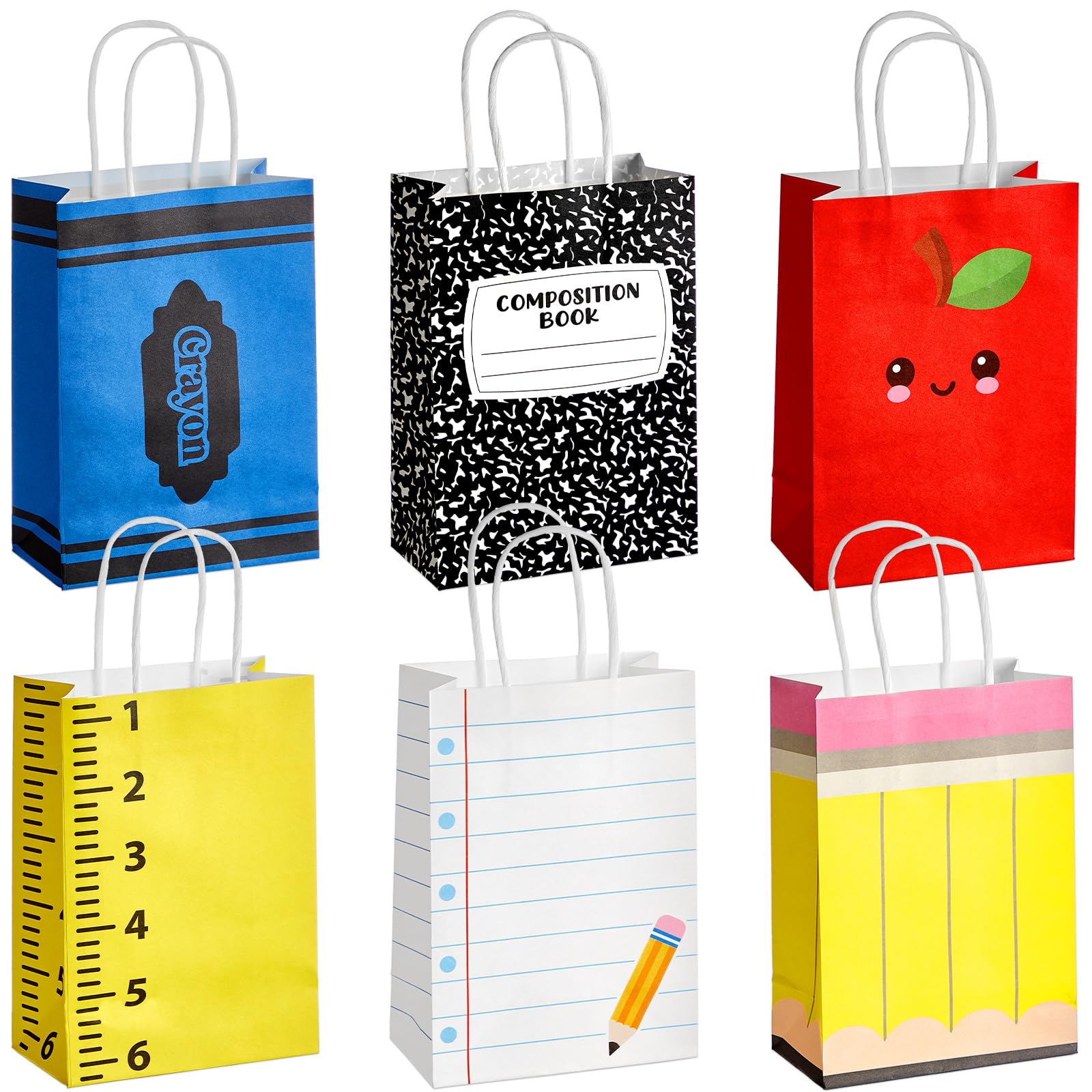 Photo 1 of 12Pcs Back to School Gift Bags First Day of School Paper Treat Bags with Handle Pencil Crayon Apple Goodie Bag Teacher Appreciation Party Favor for Student Preschool Kindergarten Classroom Decorations