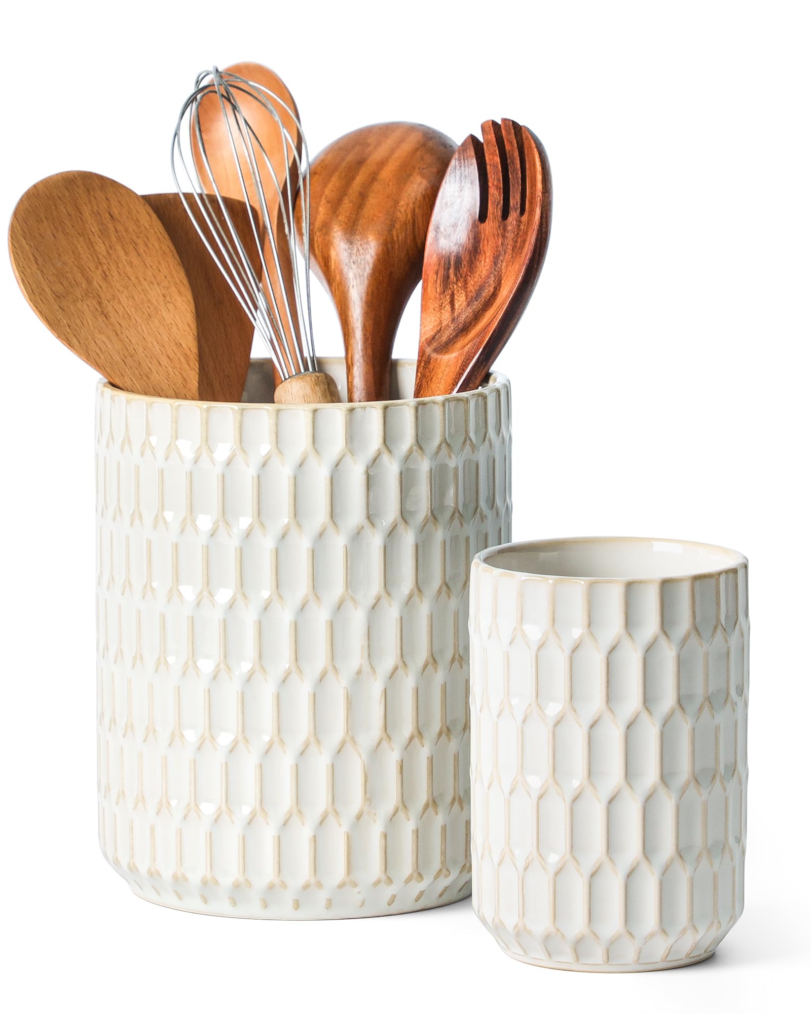 Photo 1 of ***MISSING LARGE HOLDER*** ArteBake Utensil Holder, 7.3"+5.4" Ceramic Kitchen Utensil Holder for Countertop, Large Cooking Utensil Crock for Kitchen Counter, Set of 2, Beige