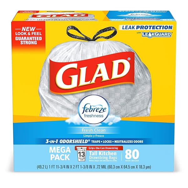 GLAD TRASH BAGS, TALL KITCHEN DRAWSTRING GARBAGE BAGS – ODORSHIELD 13 GALLON GREY TRASH BAG, FEBREZE FRESH CLEAN – 80 COUNT