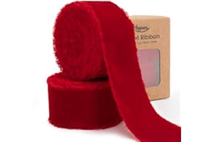 Keypan Red Velvet Ribbon 1-1/2 Inch x 6 Yd Handmade Frayed Vintage Christmas Ribbons for Tree Home Decor Wreath Craft Ornaments Gift Wrapping