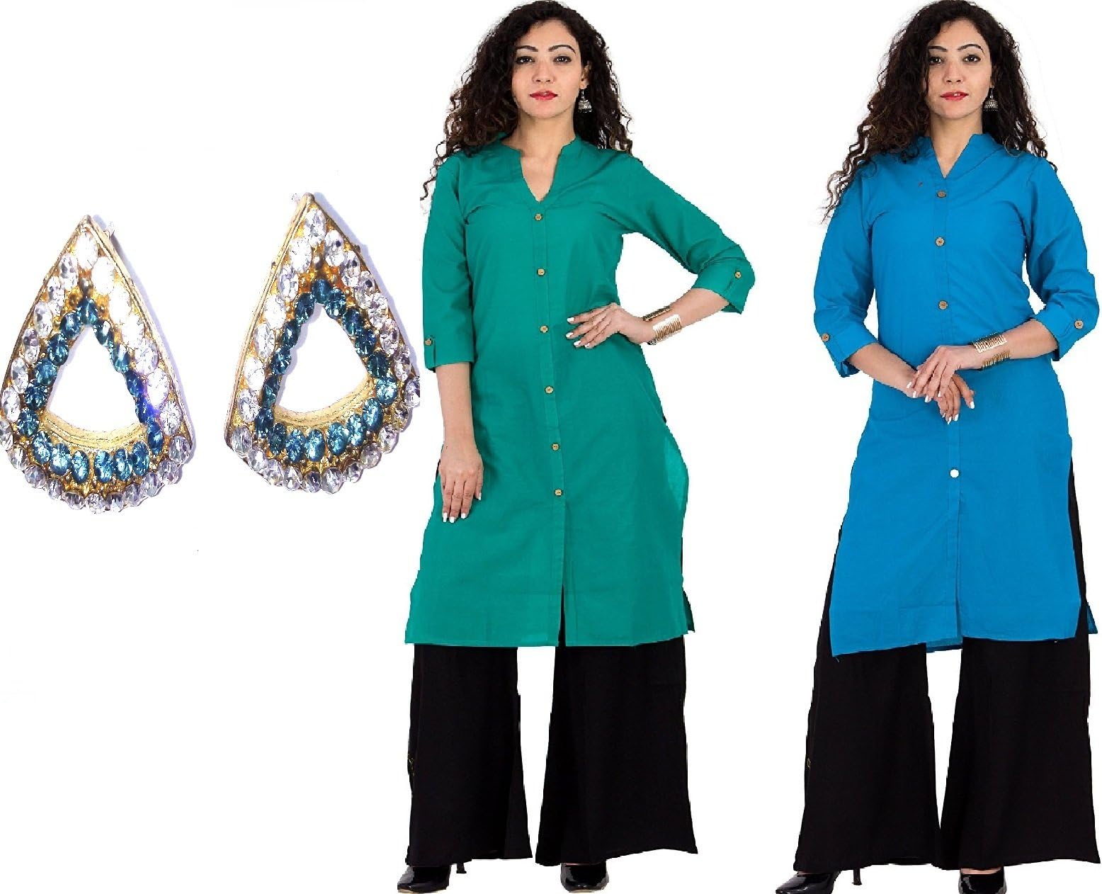 Royal Galaxy Indian Blue and Green Combo 2pc Straight Cotton Kurti/Kurta for Women & Free Earring Gift