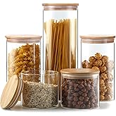 YUNCANG Glass Storage Jars [Set of 5],Clear Glass Food Storage Containers with Airtight Bamboo Lid Stackable Kitchen Canisters for Candy,Cookie,Rice,Sugar,Flour,Pasta,Nuts and Spice Jars(Square)