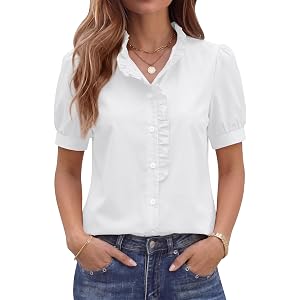LOMON Button Down Shirts for Women Dressy Casual Puff Short Sleeve Ruffle Blouses Office Tops Work Shirt