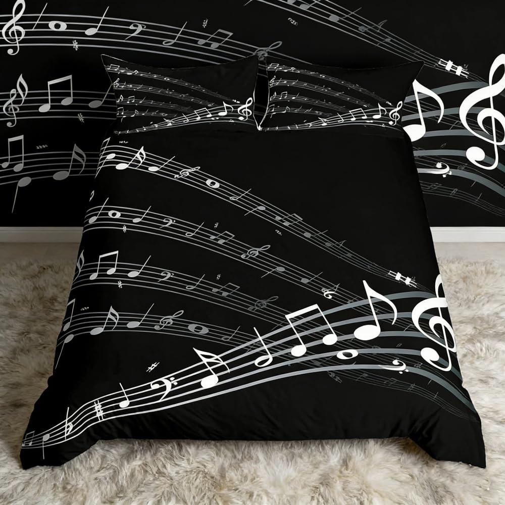 Loussiesd Musical Note Bedding Set Staff Pattern Comforter Cover for Kids Adult Classic Music Themed Duvet Cover Black and White Bedspread Room Decor 3Pcs with 2 Pillowcase King Size