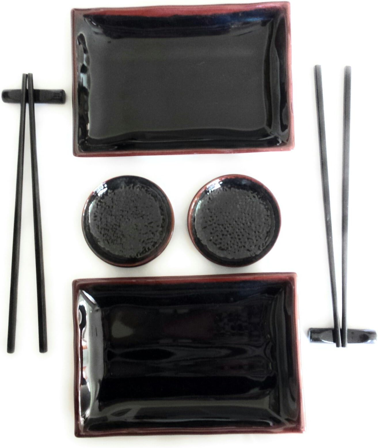 Black Sushi Dishes Set & Utensils Bundle for Two: 2 Pairs Sushi Chopsticks, 2 Chopstick Rests, 2 Soy Sauce Dipping Bowls & 2 Plates (8 Items)