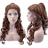 ANOGOL Hair Cap+ Long Wavy Brown Wig Women Princess Cosplay Wigs Prestyled Brown Ponytail Wigs Curly Auburn Updo Buns Hair for Halloween Costume Cosplay