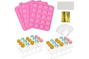 MOAMUN Cake Pop Maker Kit with 2PC Silicone Cake Pop Mold, 2PC Cake Pop Stand, 300PC Sticks/Clear Wrappers/Gold Twist Ties, 1