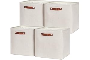 HNZIGE 13x13x13 Cube Storage Bins, Fabric Storage Cubes Baskets for Shelves, Set of 4, Cube Storage Baskets with Handles Foldable Storage Baskets for Organizing Clothes, Toys, Closet, Nursery(Cream)