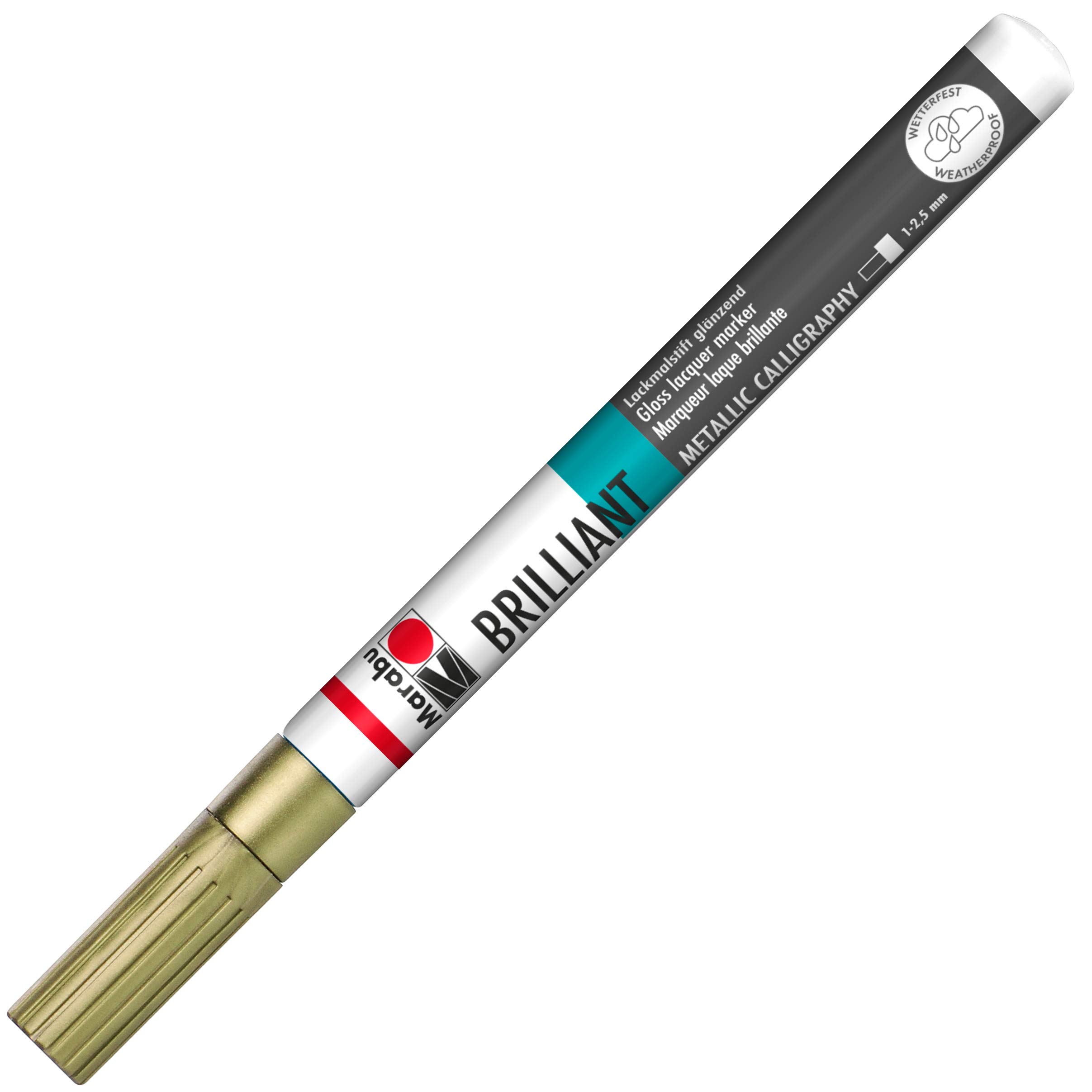 Marabu Brilliant Painter, Universal Paint Pen, Gold 084, Line Width Approx. 1-2.5 mm, Glossy, Opaque, Weatherproof, Lightfast, Quick Drying, for Various Surfaces, Metal, 13.8 x 1.1 x 1.1 cm